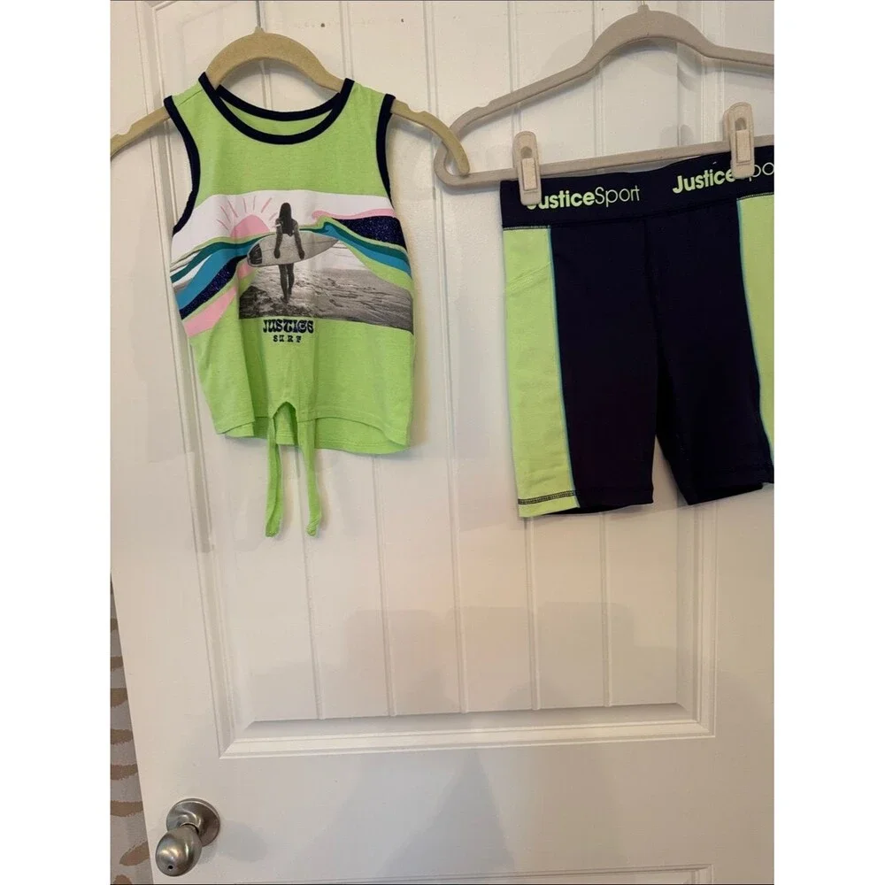 Justice Lime Green & Black Girls Active Tank and Bike Shorts Set